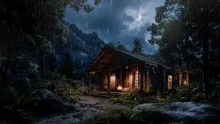 Cozy Cabin by a Waterfall in Thunderstorm | Natural Sleep Sounds