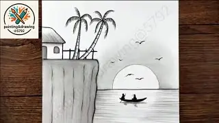 Beautiful Village Scenery with River and Boat⛵|Simple Landscape Pencil Sketch of a House and River🏞️