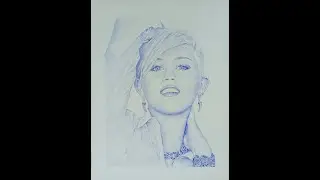 Two minute time lapse drawing of Miley Cyrus | A blue ballpoint drawing of Miley Cyrus