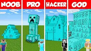 Minecraft Battle: NOOB vs PRO vs HACKER vs GOD: DIAMOND BLOCK HOUSE BASE BUILD CHALLENGE / Animation