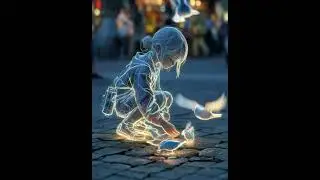 Girl Feeding Glowing Birds In The Street At Night   AI Video