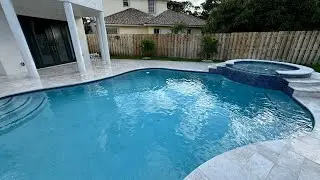Full Backyard Remodeling, Pool Resurface, Artificial Grass, French Pattern Marble Tiles, New Palms