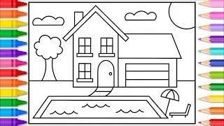 How to Draw a House with a Fun Swimming Pool ❤️💜💚💙vHouse with a Pool Drawing and Coloring Page