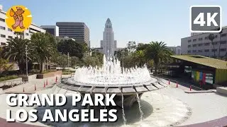 4K Los Angeles Grand Park Walking Tour | Downtown LA Walk 🔊 Binaural Sound