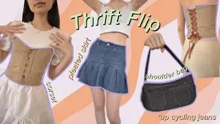 Thrift Flip | Up Cycling Jeans | easy DIY denim pleated skirt, corset & shoulder bag