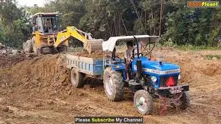 JCB Backhoe Cutting Mud & Loading into Tractor | Village Worksite | JCB Machine Working