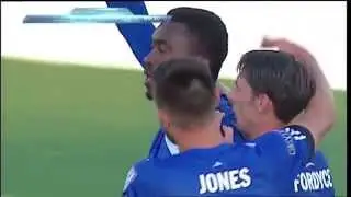FC Edmonton's Tomi Ameobi strikes on a penalty kick vs. Indy Eleven