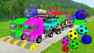 Flatbed Trailer McQueen Transportation with Truck - Speedbumps vs Cars vs Train - BeamNG.Drive #19