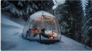 Transparent Hot Tent Camping in Deep Snow❄️🌨️ ||Solo Bushcraft ☔