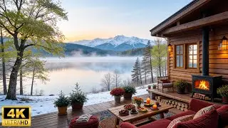 Relaxing Winter Lakeside Cabin Porch ❄️🔥 Winter Piano Music with Crackling Fire for Study, Sleep