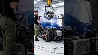 SALVAGED Bugatti Chiron W16 Engine SWAP in 10 Seconds! 💙⚡ #carrestorationproject #automobile