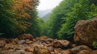 🌧️🌊 Relaxing River Sounds in Rainy Green Woods | 1 Hour Steady Nature Video | Calming White Noise 🍁🌲