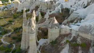 Dolly zoom. Goreme, Nevsehir, Turkey. Overhead view of Love Valley erosion patterns showing trail...