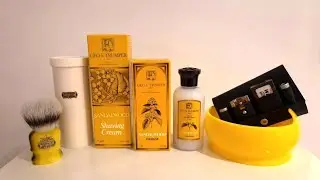 Geo F Trumper sandalwood / Simpson Chubby 1 Platinum Fibre Medallion Yellow / Merkur Travel Razor