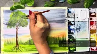 Rooted Tree Watercolor | Calm Green Landscape Painting