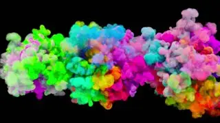 Cg animation of powder explosion with blue, red, orange and violet colors on black background. Slow