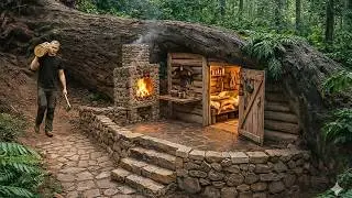 I Built a Bushcraft House Out of Wood Under a Fallen Tree to Survive for 30 Days in the Rainforest