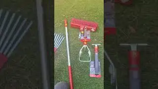 Wolf Garden gardening tool set, including a pole, broom, cultivator, rake, hand rake, branch pruner.