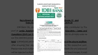 IDBI BANK JUNIOR ASSISTANT MANAGER AND EXECUTIVE RECRUITMENT 2023 - 24 | how to apply #idbibank