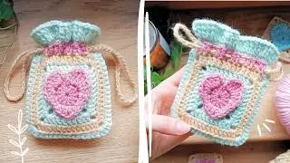Crochet Heart Square Drawstring Bag Step-by-Step