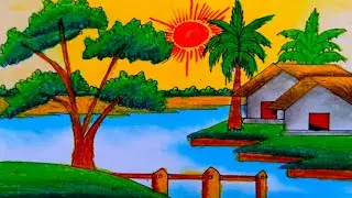 Golden Evening by the River | Village Landscape Drawing Step by Step