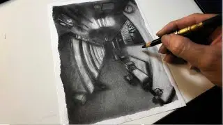 #269 Charcoal Fisheye Corridor Drawing | Dramatic Warped Perspective Art
