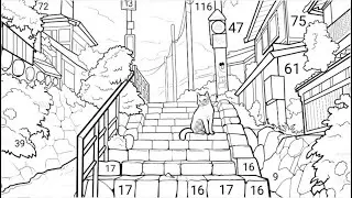 White cat standing on stone steps between traditional Japanese house buildings | Coloring Games
