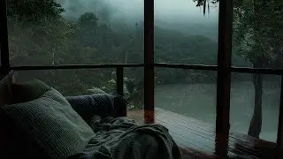 Relaxing Rainfall on Balcony with Lake View - Peaceful Ambience for Sleep in Cabin