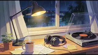 Rainy Night Workspace Lofi 🌧️☕ Cozy Window Study Ambience, Music, Chill, Relax