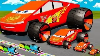 TRACTOR VS TRAIN CRASH TEST 307 - DOUBLE FLATBED TRAILER TRUCK VS SPEEDBUMPS - TRANSPORTING CARS