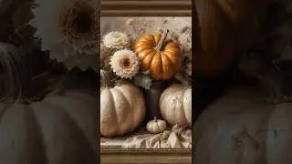Fall Pumpkins and autumn flowers. Gold framed Vintage art screensaver. 4k TV Painting background