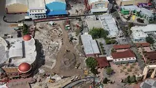 Aerial look at Universal roller coaster construction 