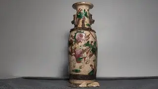 crackle style multicolor porcelain ceramic stoneware statue vase warriors horse Asian character mark