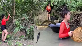 Primitive life in ASIA: cute girl hangs up circle net wood for fishing