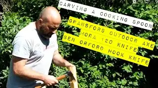 024 Carving a cooking spoon Gransfors Bruks outdoor axe, Mora 120 knife, Ben Orford large hook knife