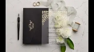 Clear Wedding Invitation, Gold Foil Letterpress Printed Black Envelope, Acrylic Wedding Card