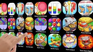 WatermelonMerge, Water Sort, Pin Puzzle, Find Difference, BubbleShoot, Pipe Line Fruit NInja Pizza