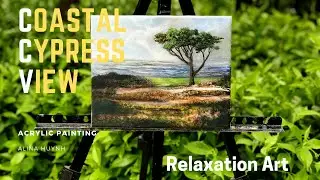 Pacific coast ocean view / coastal cypress tree/ acrylic painting / vẽ tranh thư giản