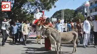 BJP MEMBERS PROTEST IN GULBARGA, SAYING FIVE-GUARANTEE SCHEMES HAVE HAMPERED STATE DEVELOPMENT.
