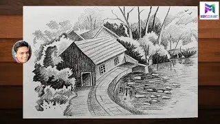 How To Graphite Pencil House And Lake In The Realistic Scenery Art/How to draw house easy/Nature