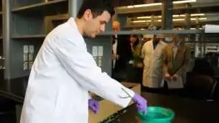 Парень разбивает розу, замороженную жидким азотом