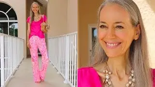 Classic Fashion/Style Over 40/Over 50: Bright Pink Palazzo Pants And Top, Kate Spade Wicker Bag