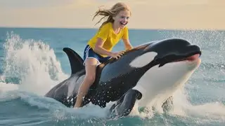 Happy little girl riding a friendly wild orca #shorts