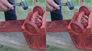 My rural grandpa makes a tiny wooden car with tires and steering
