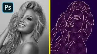 Contour and neon style portrait / LINE ART / Photoshop tutorial