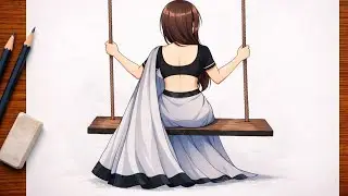 How to draw a traditional Girl on swing/swing girl drawing/jhule wali ladki ki drawing/ Beginner Art