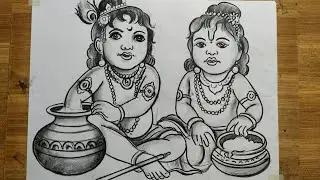 how to draw bal krishna and balaram pencil sketch drawig,lord krishna drawing,bal gopal line drawing