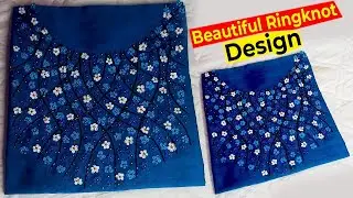 Beautiful Ringknot Designer Kurthi|| Blue and White combination Neckline||Jaicy's Creative Designs