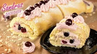 Biskuitrolle mit Paradiescreme & Kirschen 🍒 Einfach & Schnell gemacht!