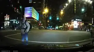 Almost hit a pedestrian, late left turn, flying plywood, centre lane left turner